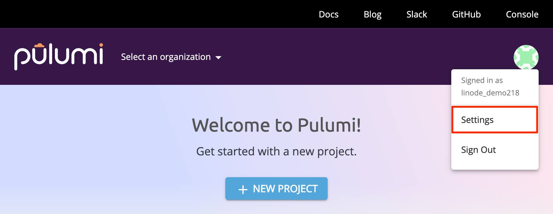 Location of Pulumi Settings option Location of Pulumi Settings option