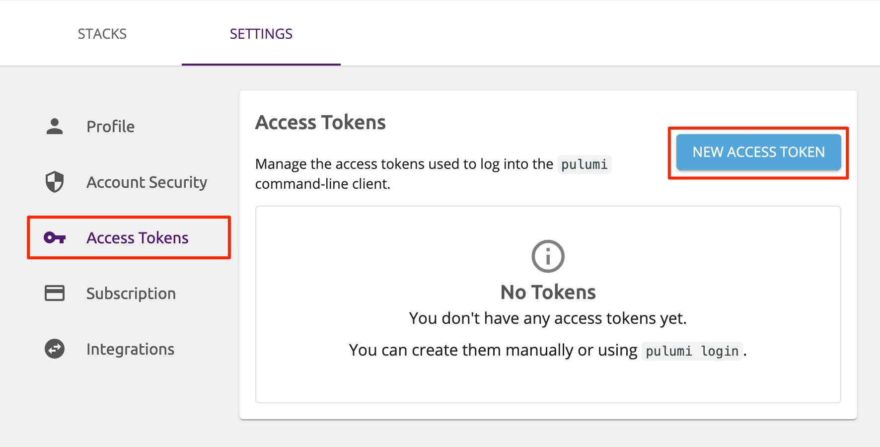 Location of Pulumi Access Token page Location of Pulumi Access Token page