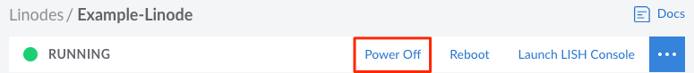 Screenshot of a Linode Details page with the Power Off button highlighted Screenshot of a Linode Details page with the Power Off button highlighted