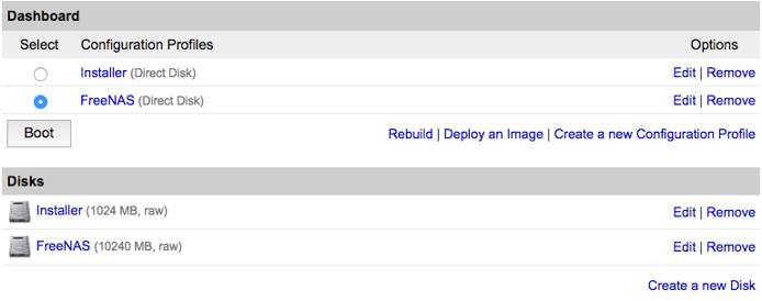 Screenshot of the Dashboard, ready to reboot into the FreeNAS profile. Screenshot of the Dashboard, ready to reboot into the FreeNAS profile.