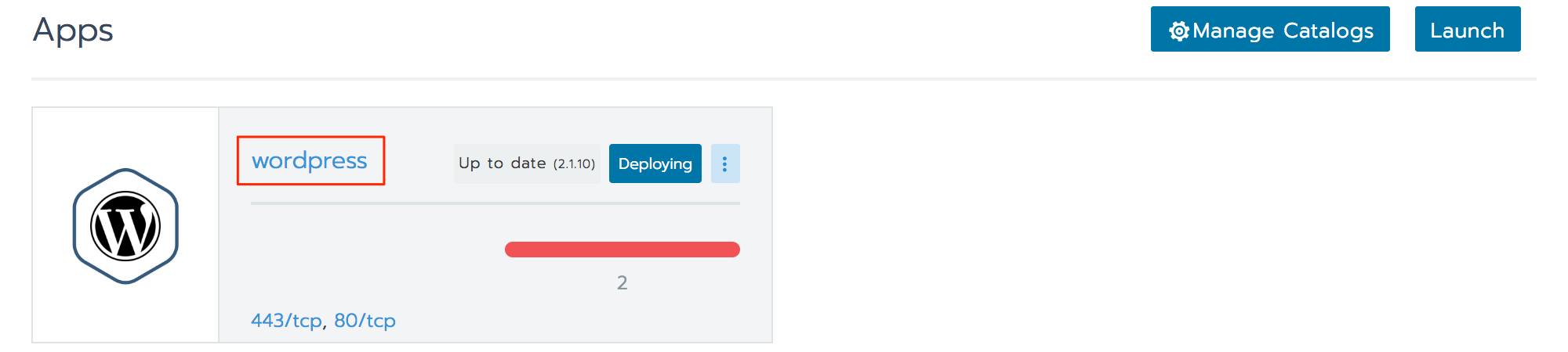 Rancher deployed apps list - WordPress app in middle of provisioning Rancher deployed apps list - WordPress app in middle of provisioning