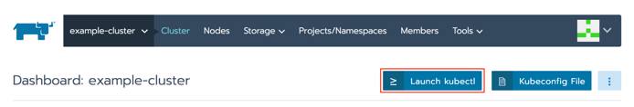 Rancher cluster dashboard - kubectl button highlighted Rancher cluster dashboard - kubectl button highlighted