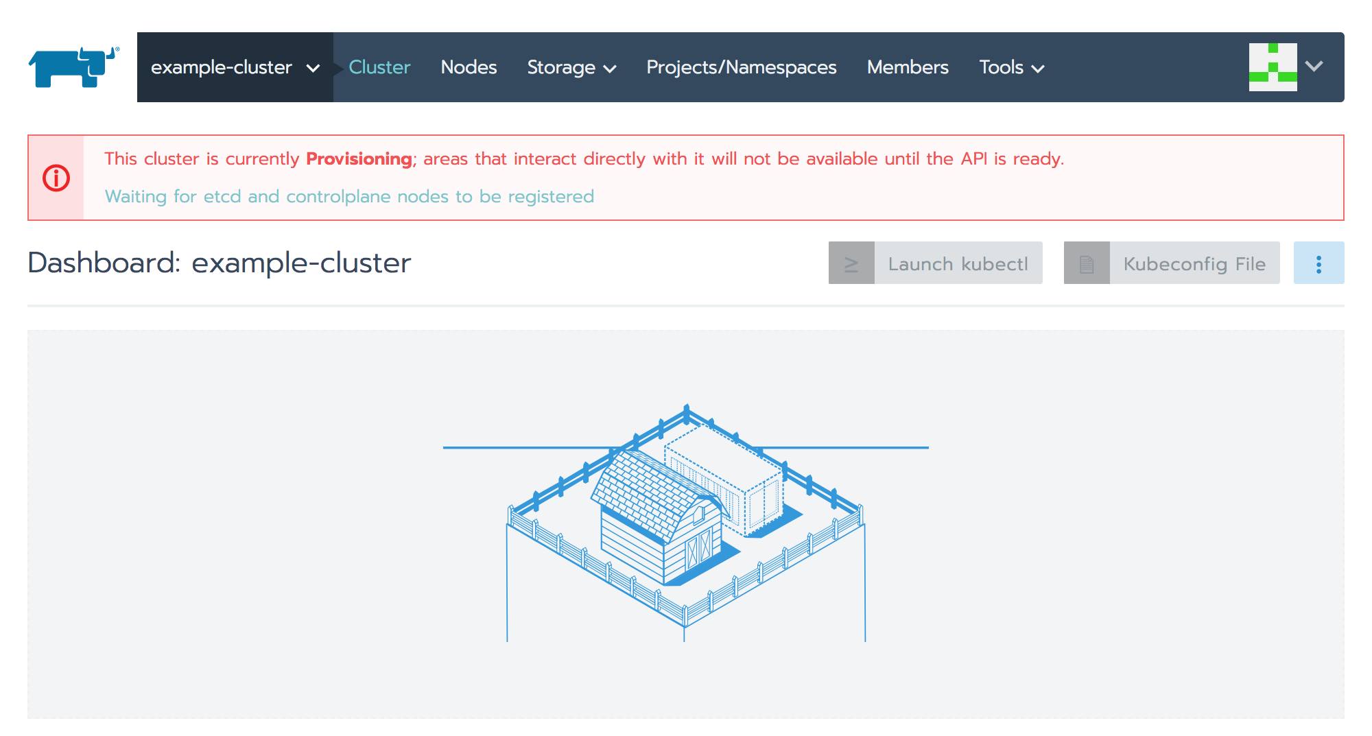 Rancher cluster dashboard with placeholder graphic Rancher cluster dashboard