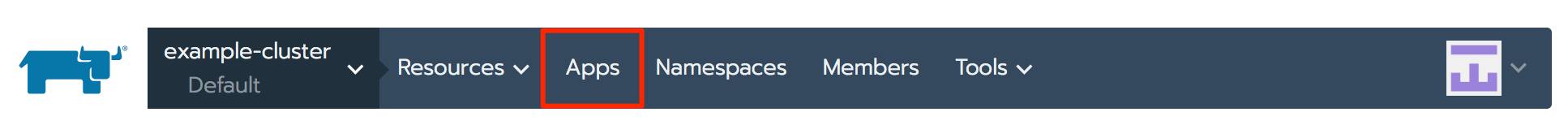 Rancher project navigation bar - Apps highlighted Rancher project navigation bar - Apps highlighted