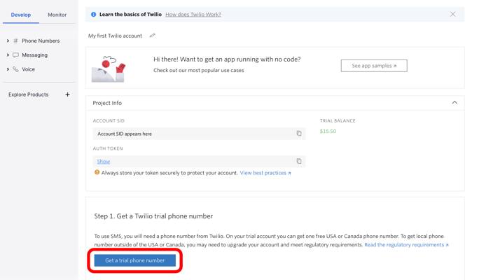 Twilio console - Get trial phone number button highlighted Twilio console - Get trial phone number button highlighted