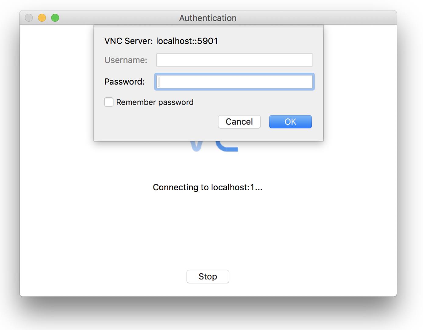 The VNC password prompt. The VNC password prompt.