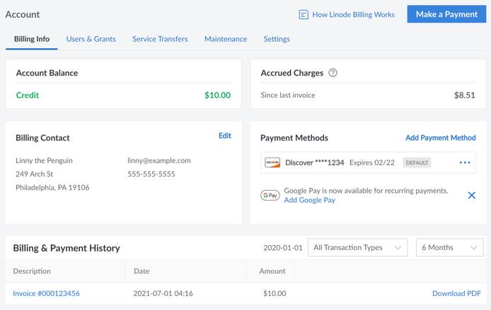 The Billing Info page showing an example customer with a $24 negative balance and $9 of accrued charges. The Billing Info page showing an example customer with a $24 negative balance and $9 of accrued charges.