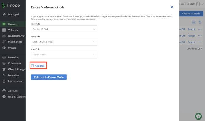 Linode Cloud Manager Rescue form - Add Disk highlighted Linode Cloud Manager Rescue form - Add Disk highlighted