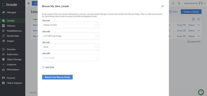 Linode Cloud Manager Rescue form - /dev/sda highlighted Linode Cloud Manager Rescue form - /dev/sda highlighted