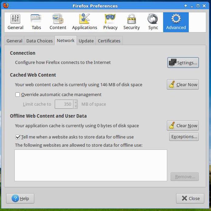 Firefox preferences - Network Tab. Firefox preferences - Network Tab.