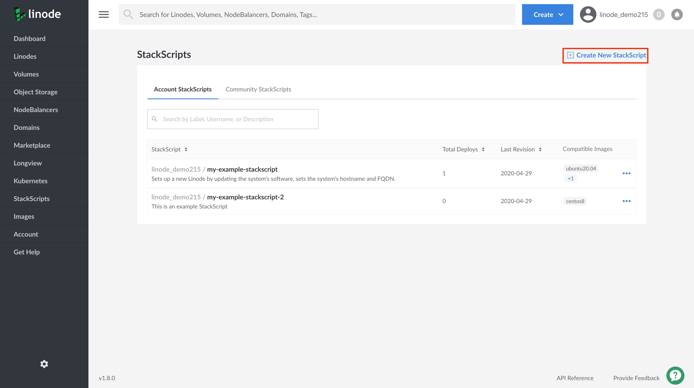 Click on the Create New StackScript link Click on the Create New StackScript link