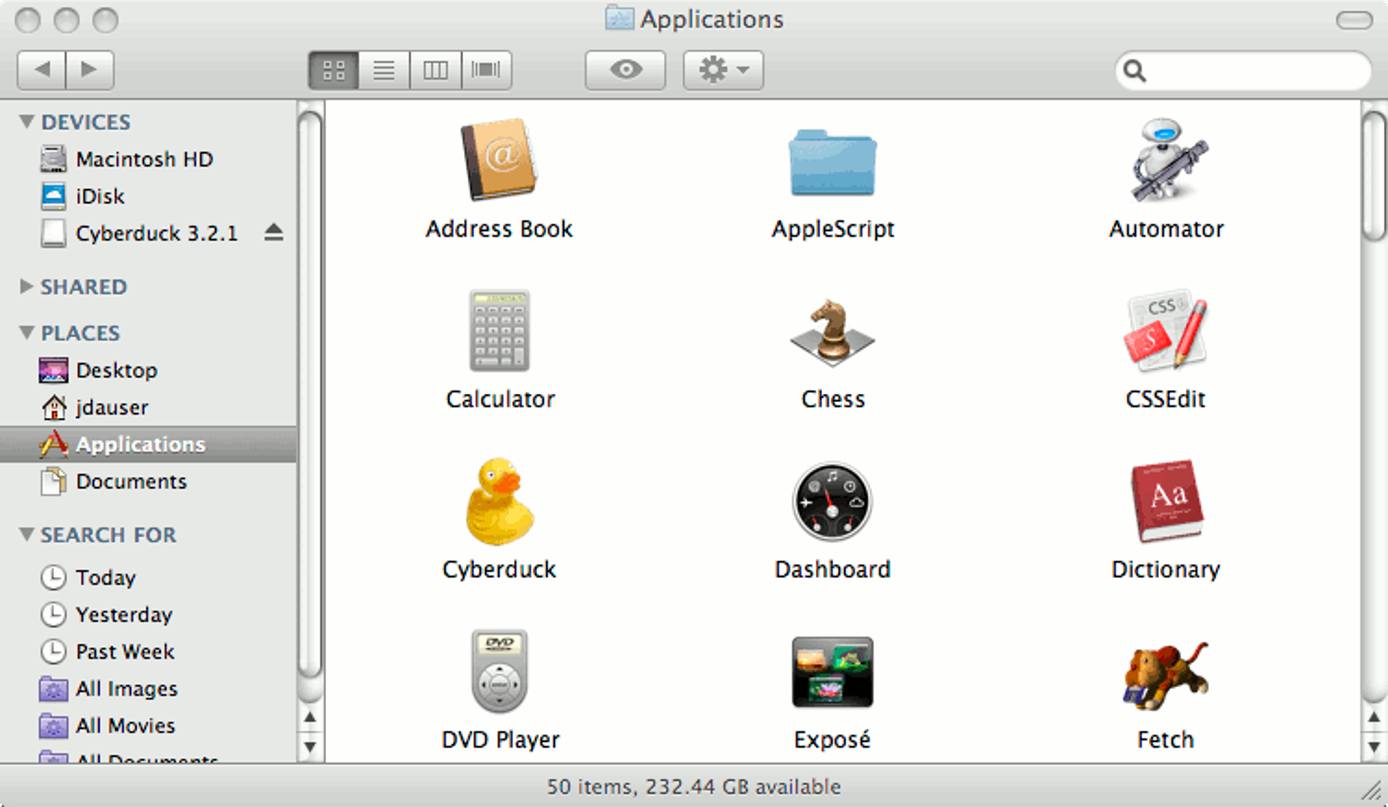 Cyberduck in the Applications folder on Mac OS X. Cyberduck in the Applications folder on Mac OS X.