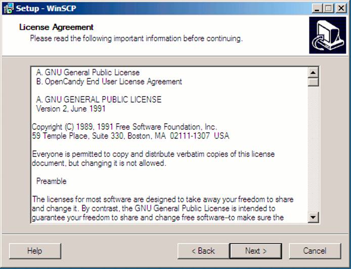 WinSCP setup wizard license agreement screen. WinSCP setup wizard license agreement screen.