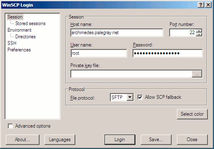 WinSCP session login screen. WinSCP session login screen.