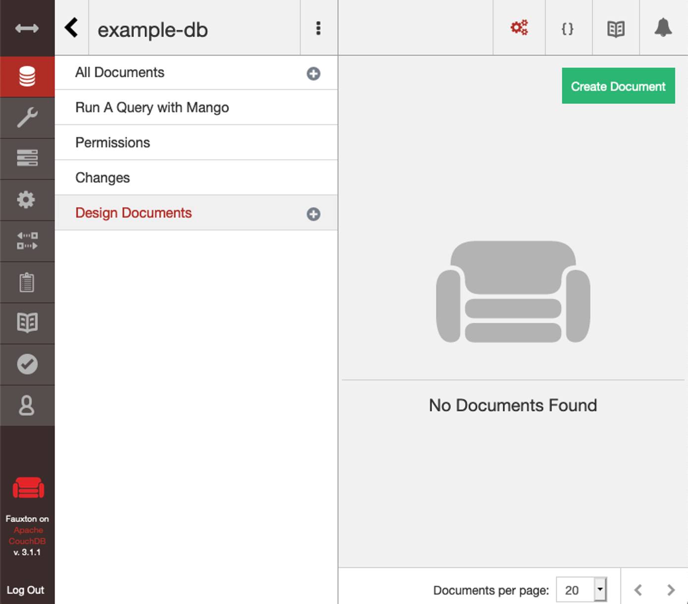 A database’s page within Fauxton A database’s page within Fauxton