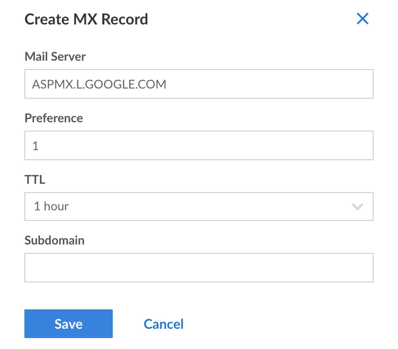 Add MX Record in Linode DNS Manager Screenshot depicting the Add MX Record form within the Linode DNS Manager