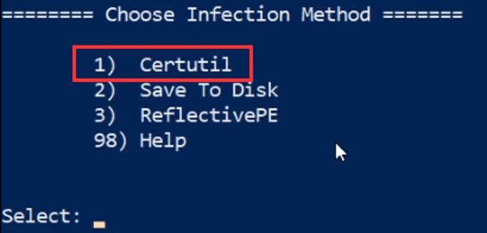 Luckystrike prompt - choose infection method - certutil highlighted Luckystrike prompt - choose infection method - certutil highlighted