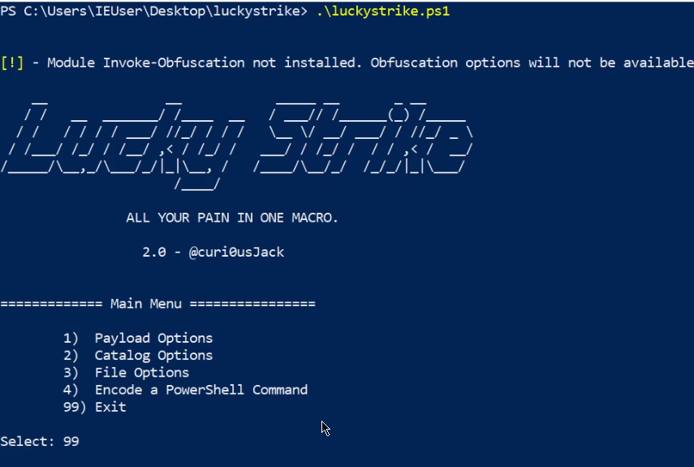 Luckystrike - first prompt shown in terminal Luckystrike - first prompt shown in terminal