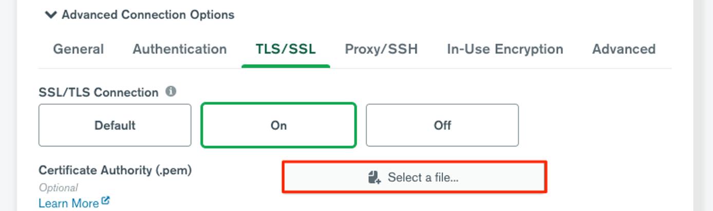 The TLS/SSL tab in MongoDB Compass The TLS/SSL tab in MongoDB Compass