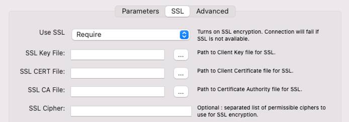 The SSL tab in MySQL Workbench The SSL tab in MySQL Workbench