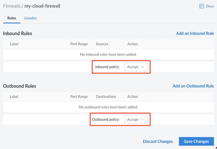 Click on the Add an Inbound/Outbound Rule link. Default policy selection.