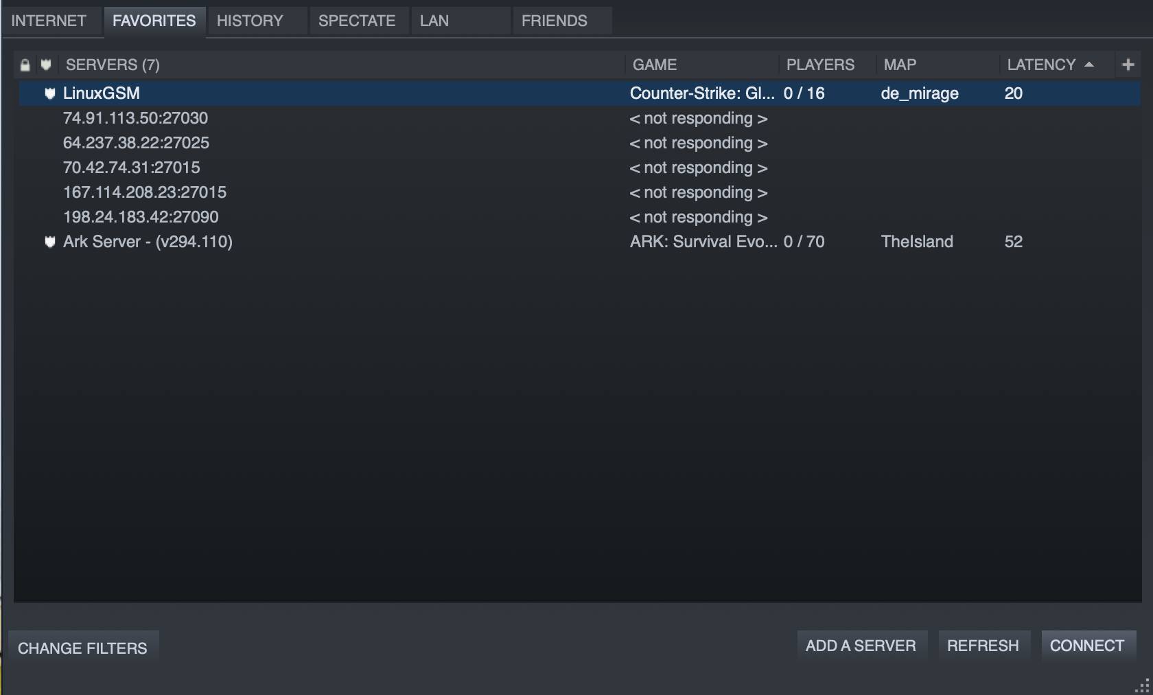 The Steam favorite servers dialog box. The Steam favorite servers dialog box.