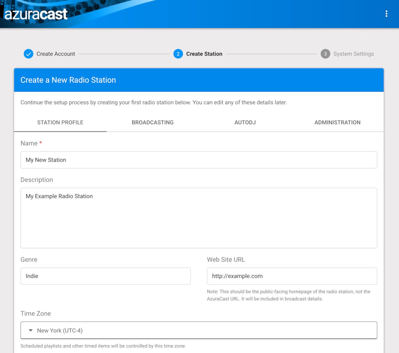 AzuraCast Create Station “AzuraCast Create Station”