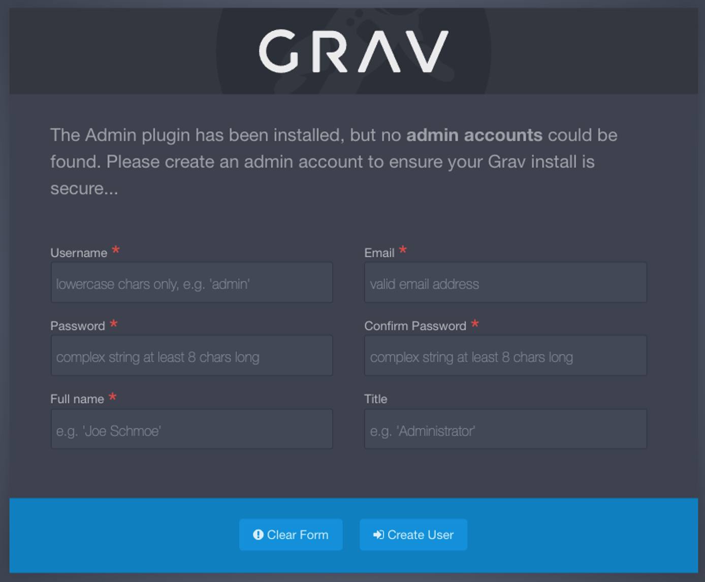 Screenshot of the Create Admin Account form in Grav Screenshot of the Create Admin Account form in Grav