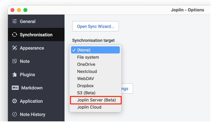 Screenshot of the synchronization options Screenshot of the synchronization options