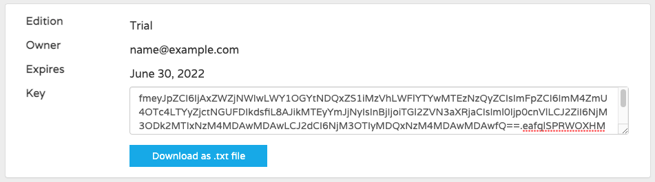 Screenshot of the license information