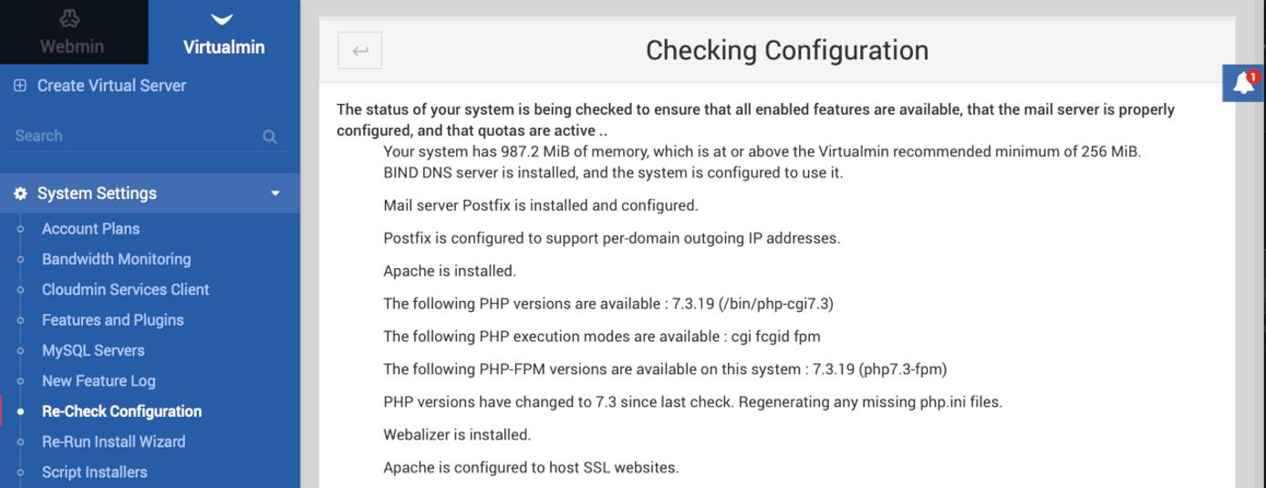 Virtualmin Check Configuration Results Virtualmin Check Configuration Results