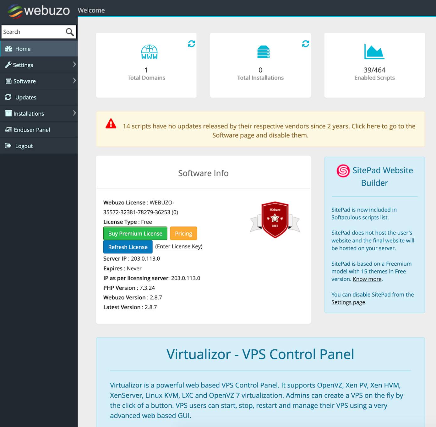 Webuzo Admin Panel Webuzo Admin Panel