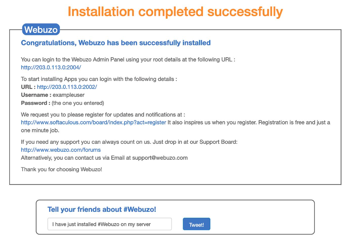 Webuzo Post-Setup Wizard Webuzo Post-Setup Wizard