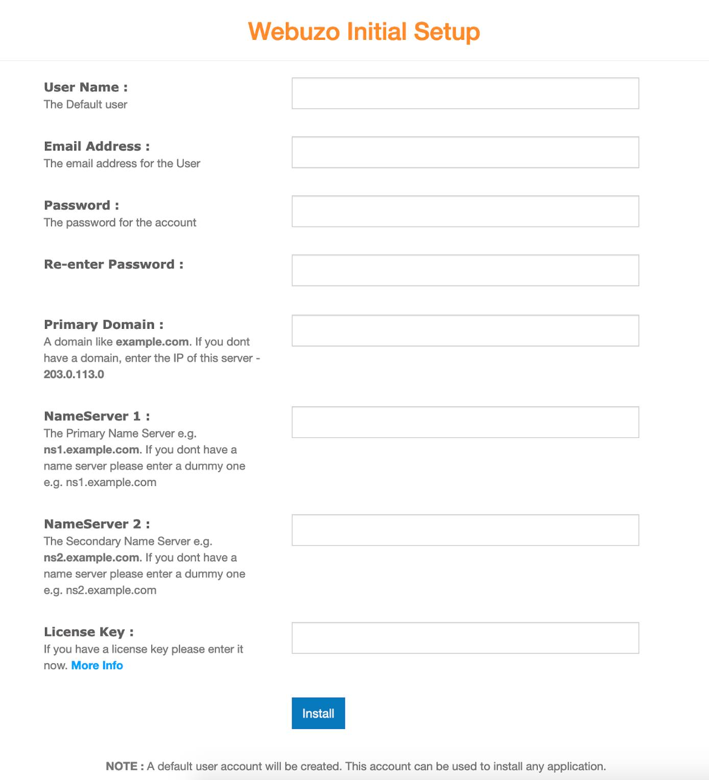 Webuzo Setup Screen Webuzo Setup Screen