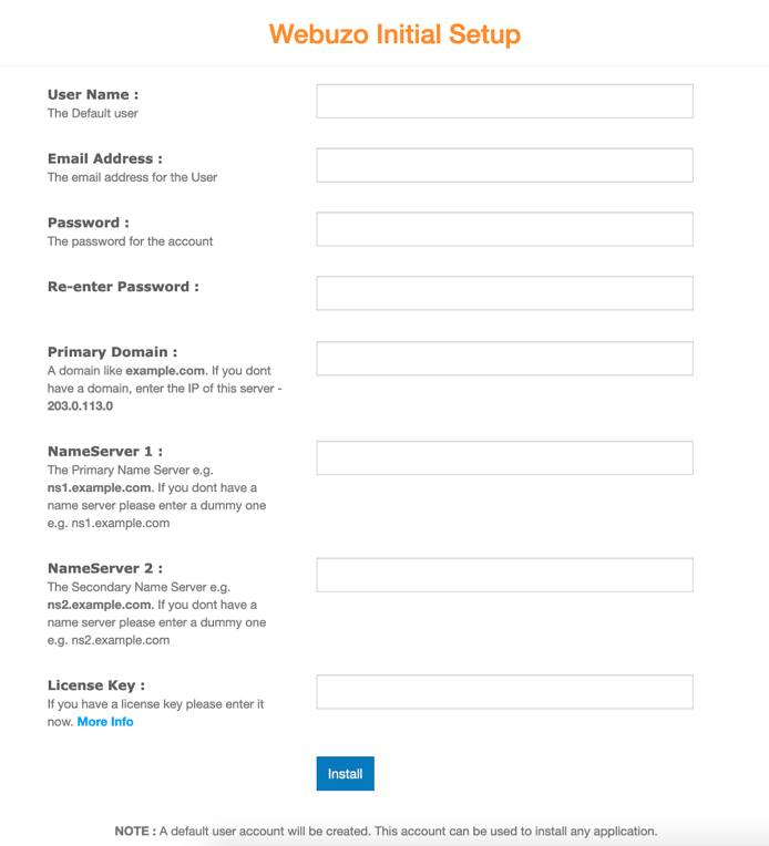 Webuzo Setup Screen Webuzo Setup Screen